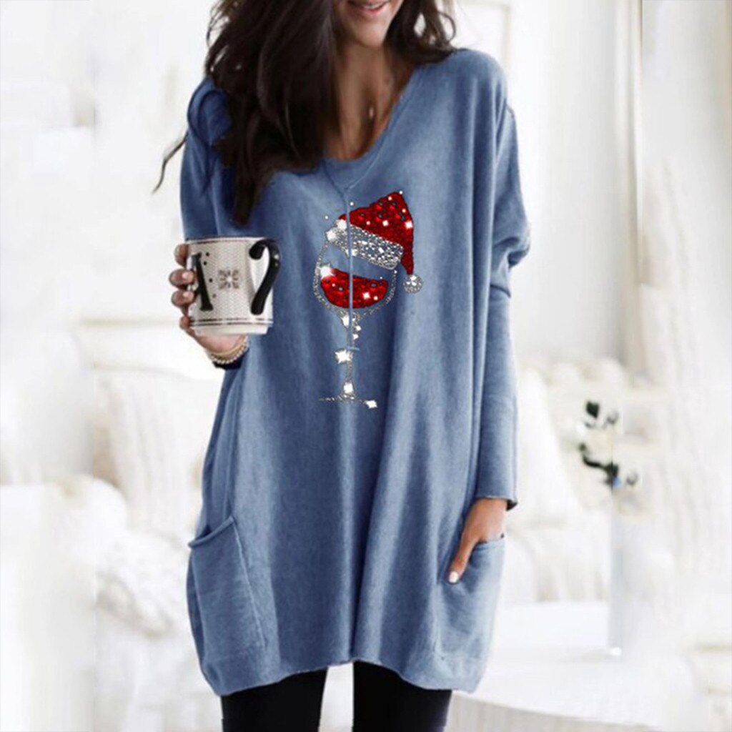 Maglione casual da donna con motivo bicchiere di vino e cappello natalizio