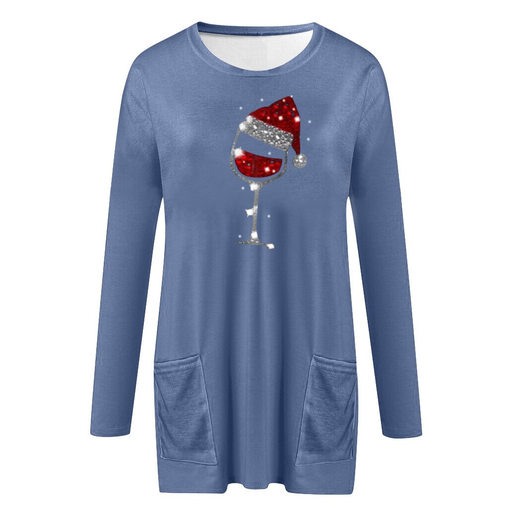 Maglione casual da donna con motivo bicchiere di vino e cappello natalizio