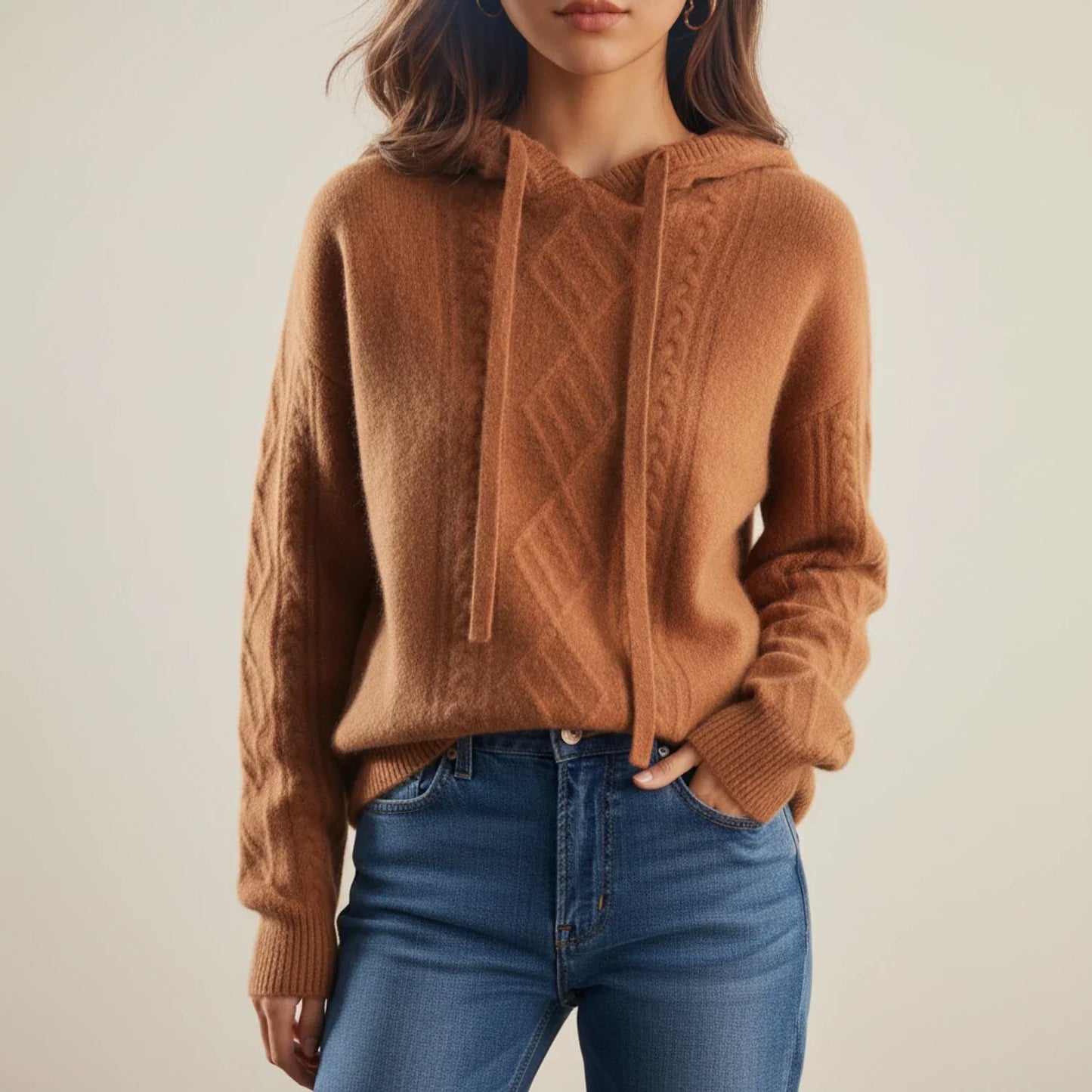 Maglione Confortevole in Maglia a Trecce con Cappuccio da Donna