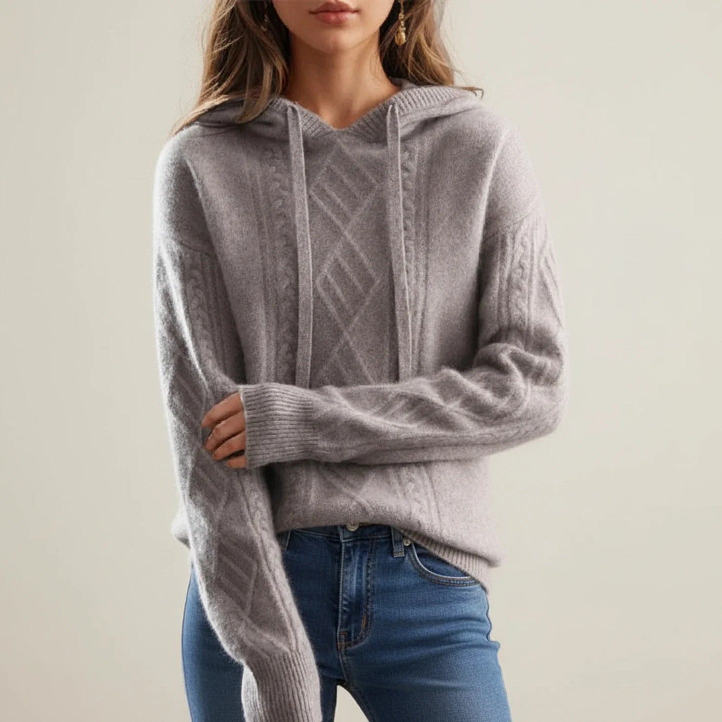 Maglione Confortevole in Maglia a Trecce con Cappuccio da Donna