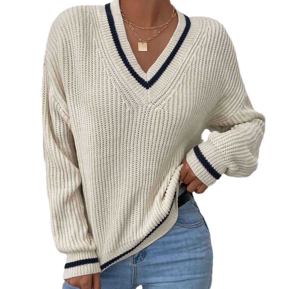 Maglione da donna a righe con scollo a V e vestibilità morbida