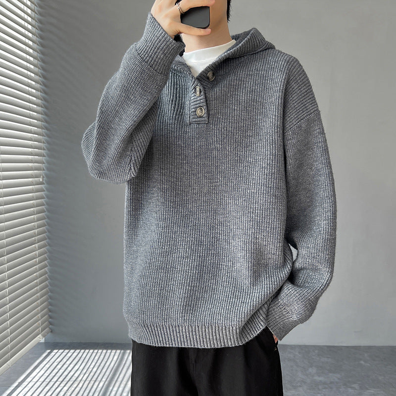 Maglione da uomo in maglia con cappuccio e chiusura a bottoni