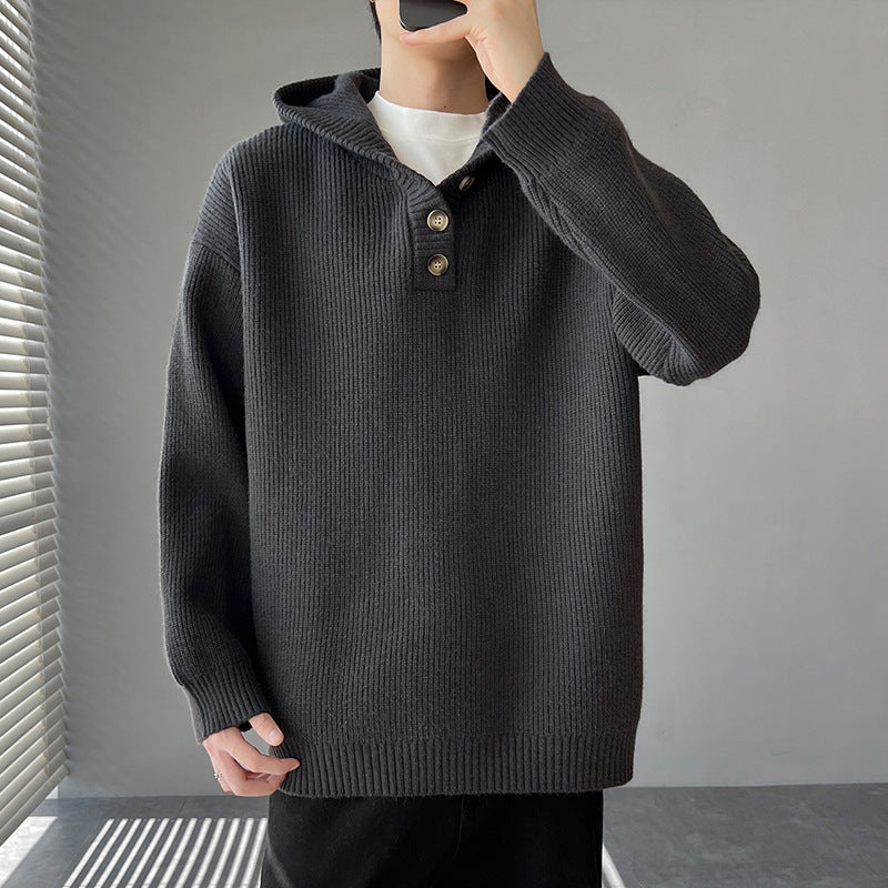 Maglione da uomo in maglia con cappuccio e chiusura a bottoni
