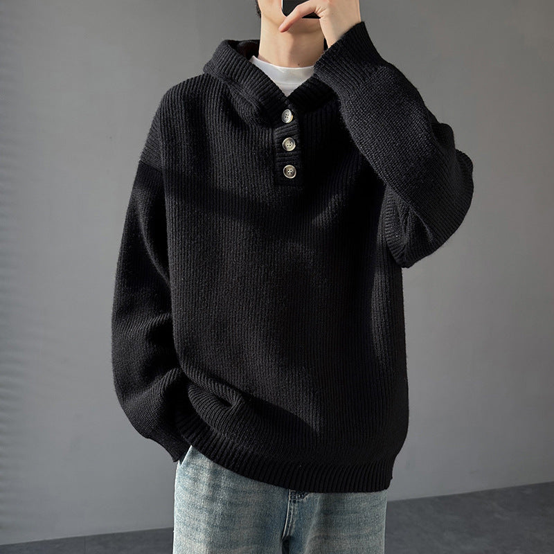 Maglione da uomo in maglia con cappuccio e chiusura a bottoni