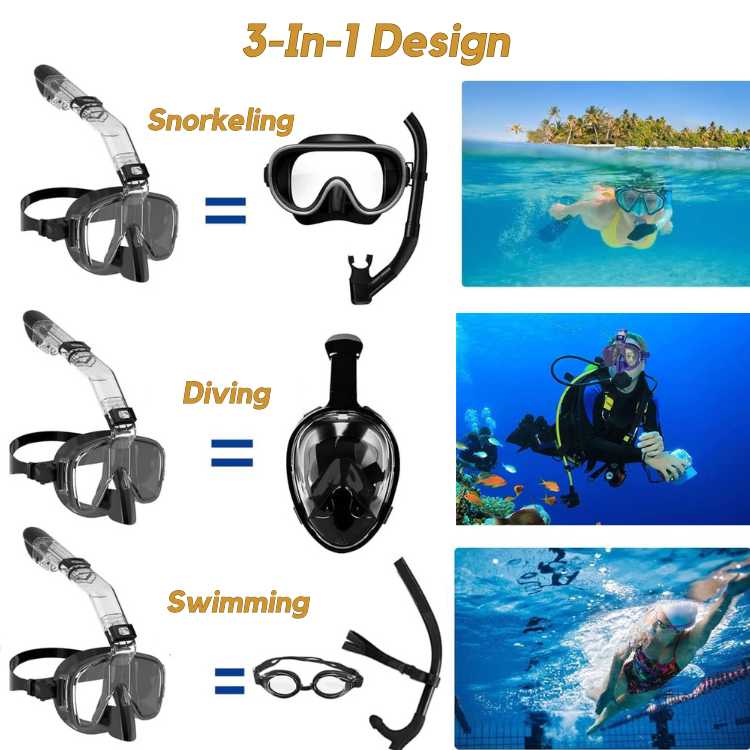 Maschera da Snorkeling Pieghevole con Vista Panoramica a 180° per Sport Acquatici