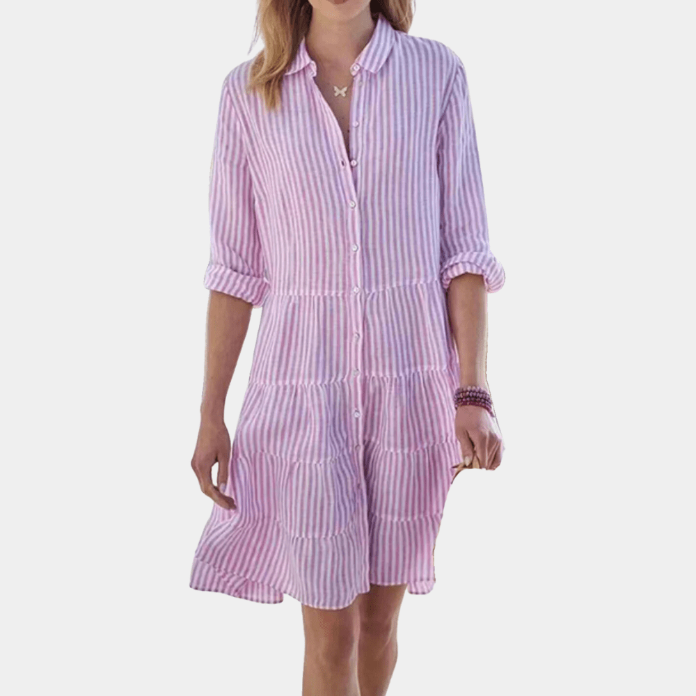 Mini abito a camicia da donna a righe a balze