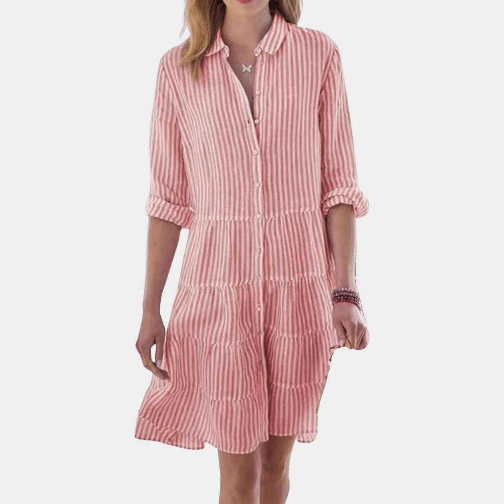 Mini abito a camicia da donna a righe a balze