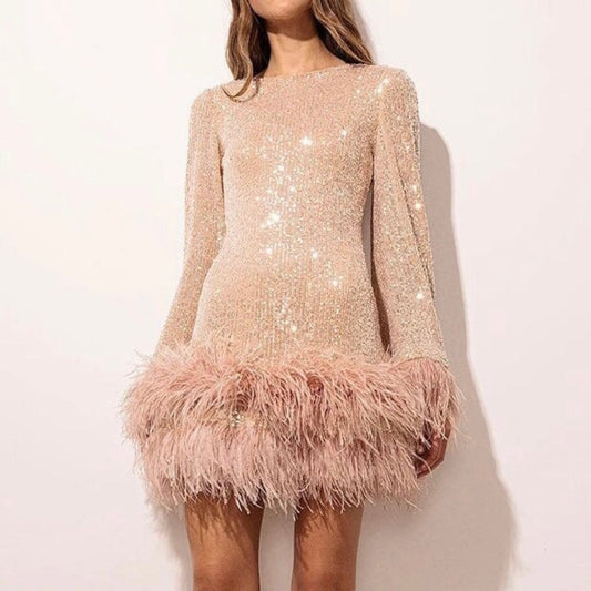 Sequin Mini Dress with Feather Trim