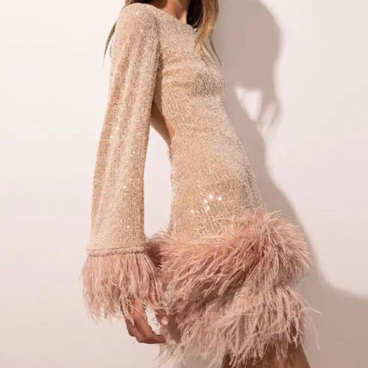 Sequin Mini Dress with Feather Trim