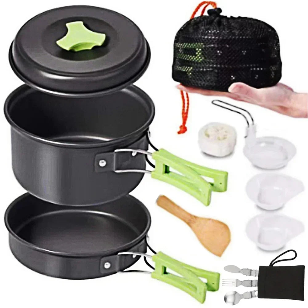 Mini Set di Pentole da Campeggio 1,8 L - Pentola Antiaderente in Alluminio - Design Salvaspazio Impilabile - Verde, Arancione e Nero
