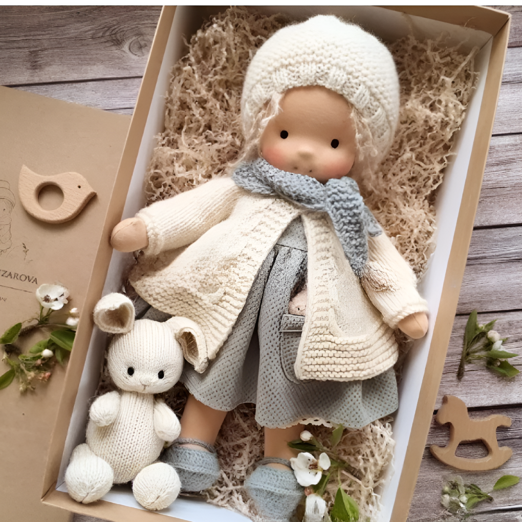 Morbida Bambola da Coccole Stile Waldorf con Morbido Cardigan in Maglia