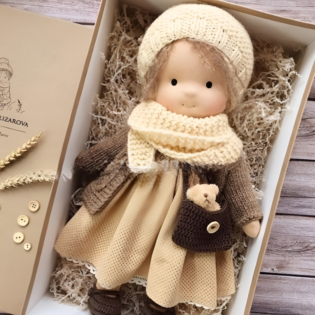 Morbida Bambola da Coccole Stile Waldorf con Morbido Cardigan in Maglia