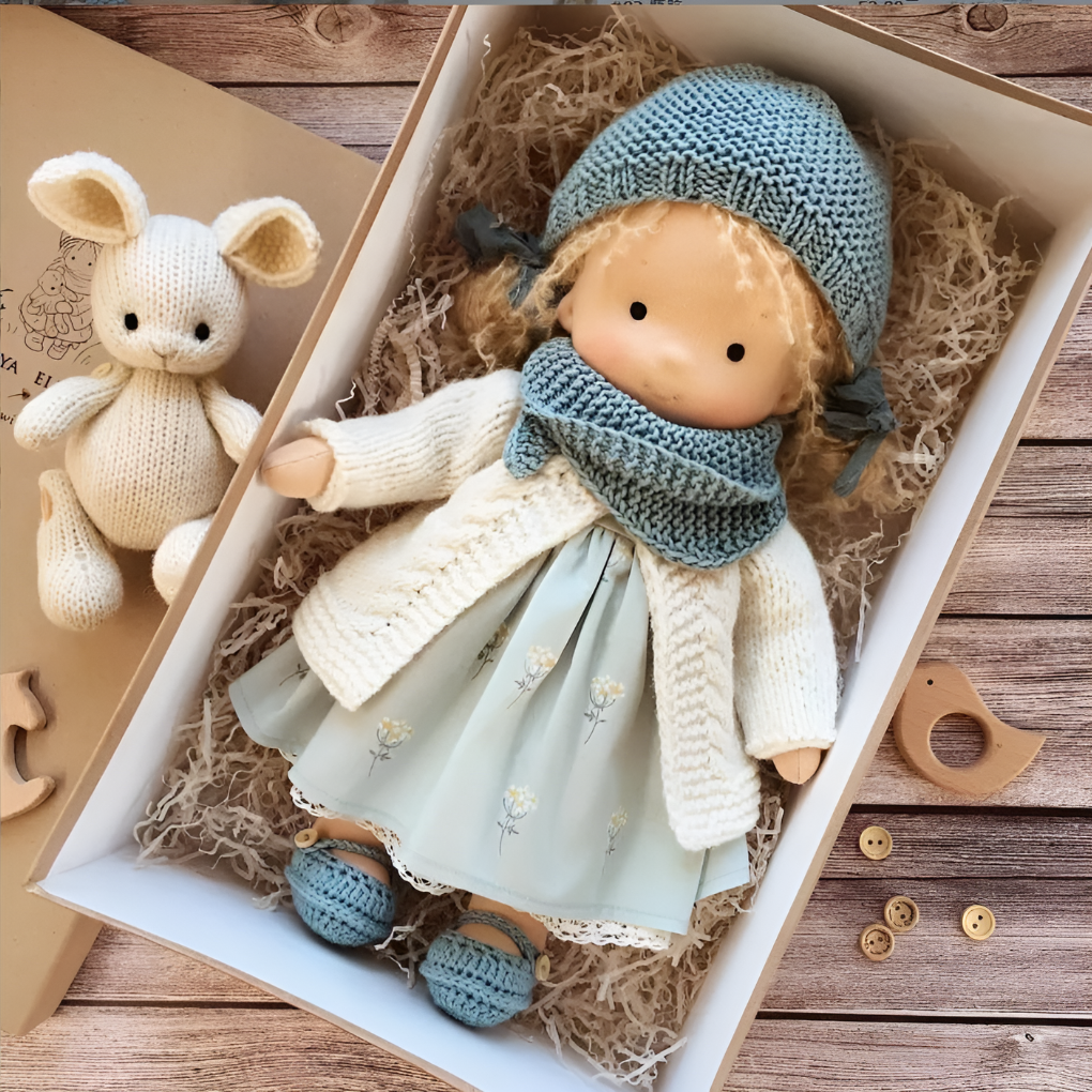 Morbida Bambola da Coccole Stile Waldorf con Morbido Cardigan in Maglia