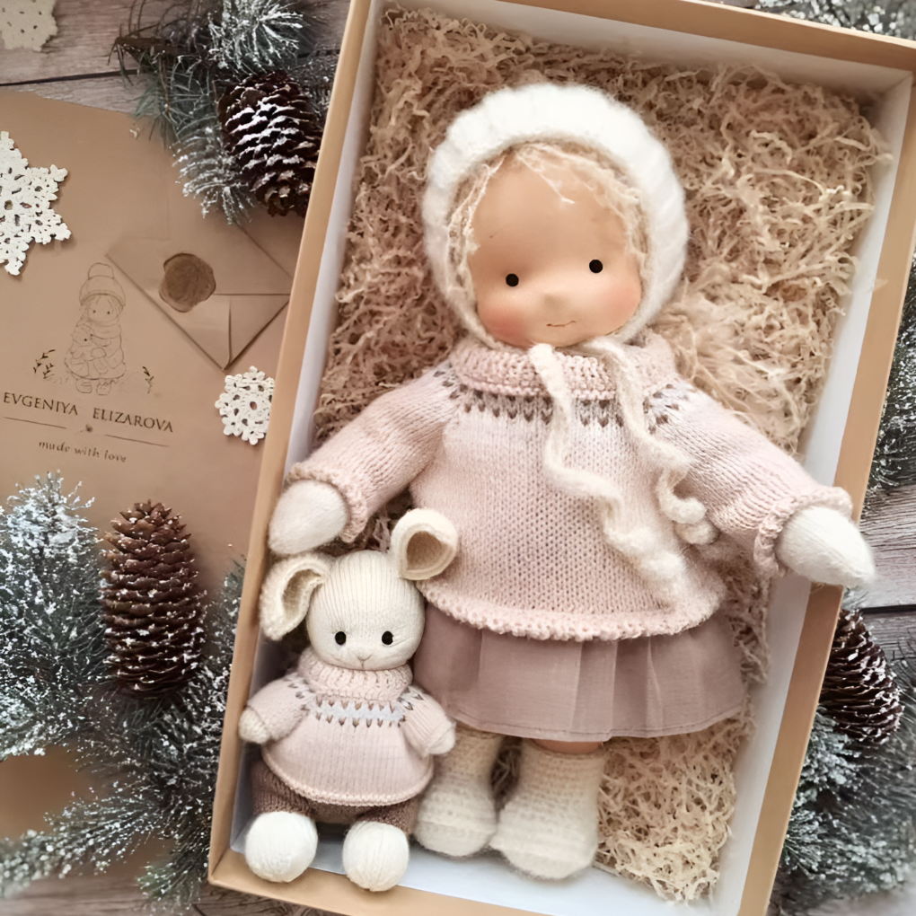 Morbida Bambola da Coccole Stile Waldorf con Morbido Cardigan in Maglia