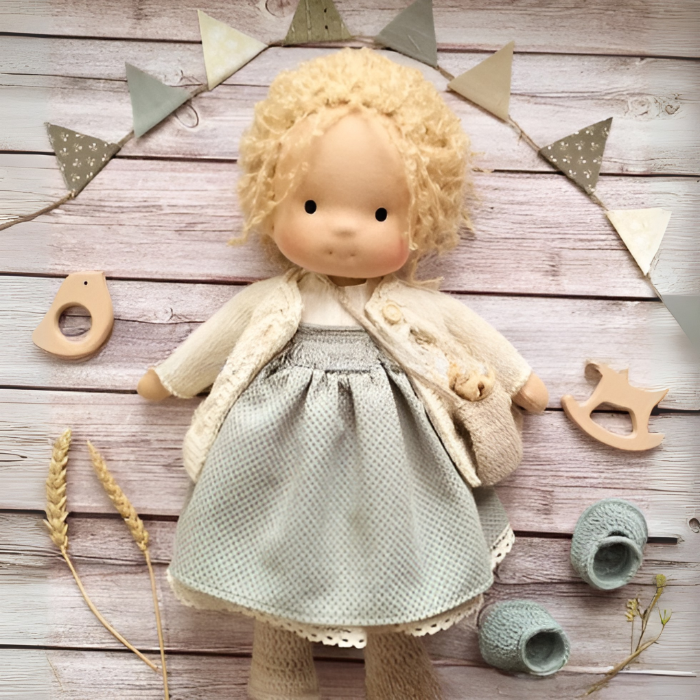 Morbida Bambola da Coccole Stile Waldorf con Morbido Cardigan in Maglia
