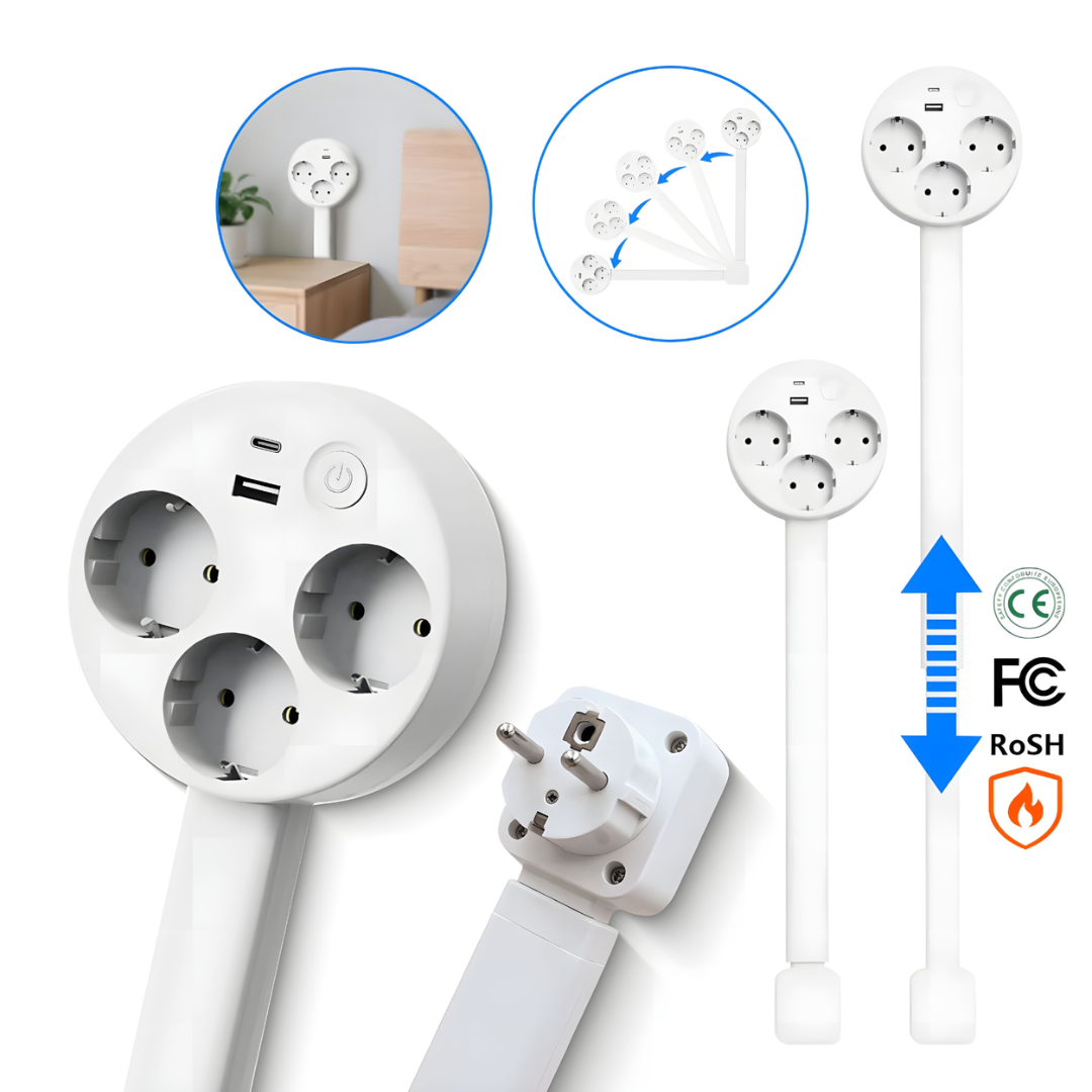 Multipresa estraibile con USB e testa girevole, 3 prese, 47-67 cm, Bianca