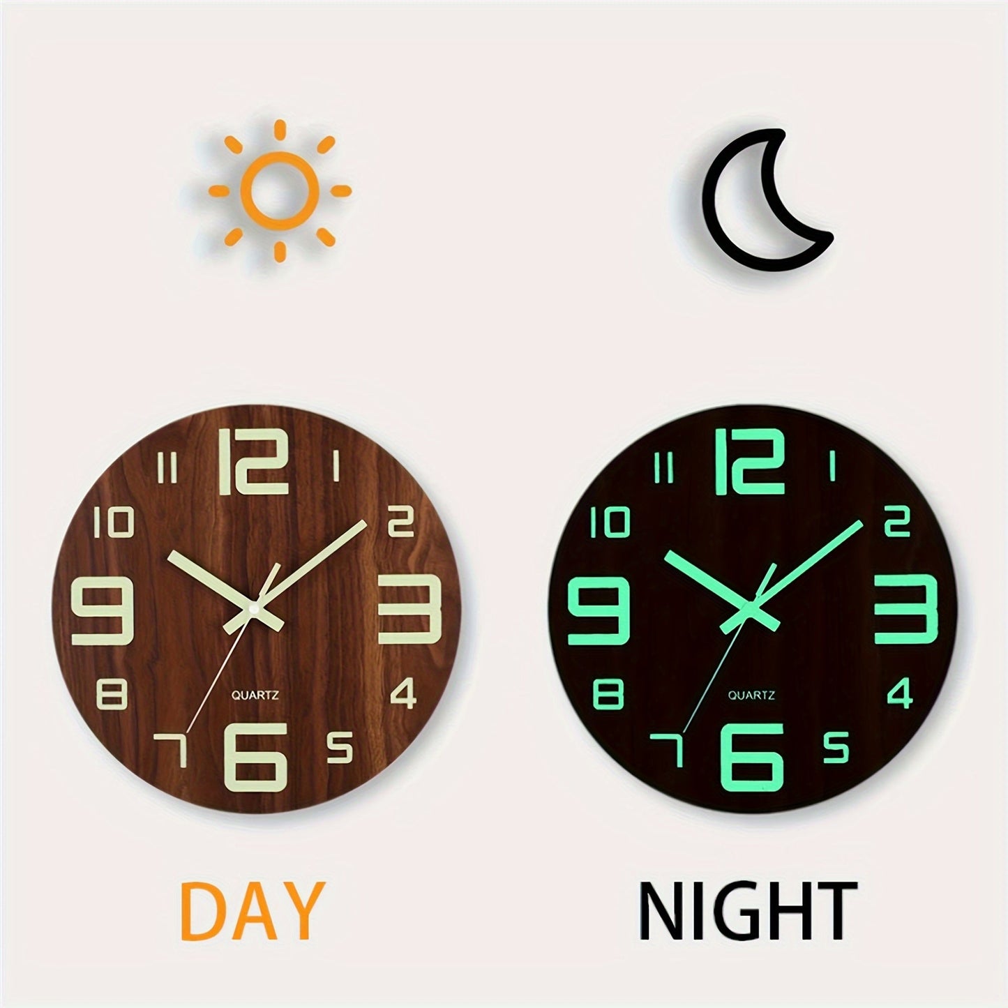 Orologio da parete luminoso in legno di noce | Design silenzioso in legno che si illumina al buio