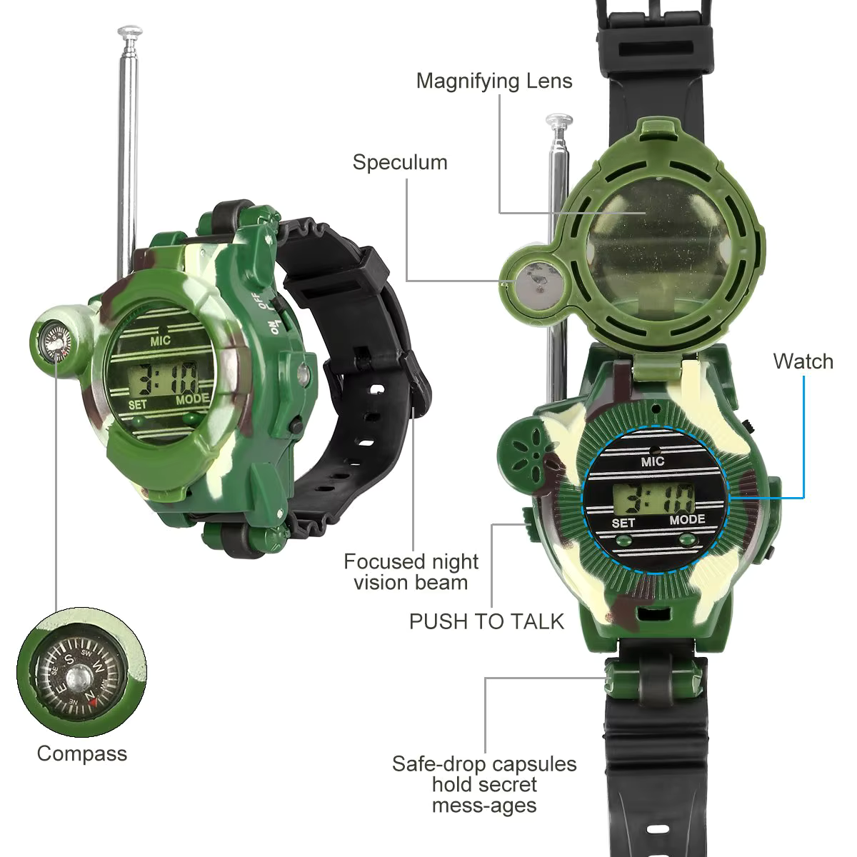 Orologio da sopravvivenza walkie-talkie 7 in 1 mimetico per bambini