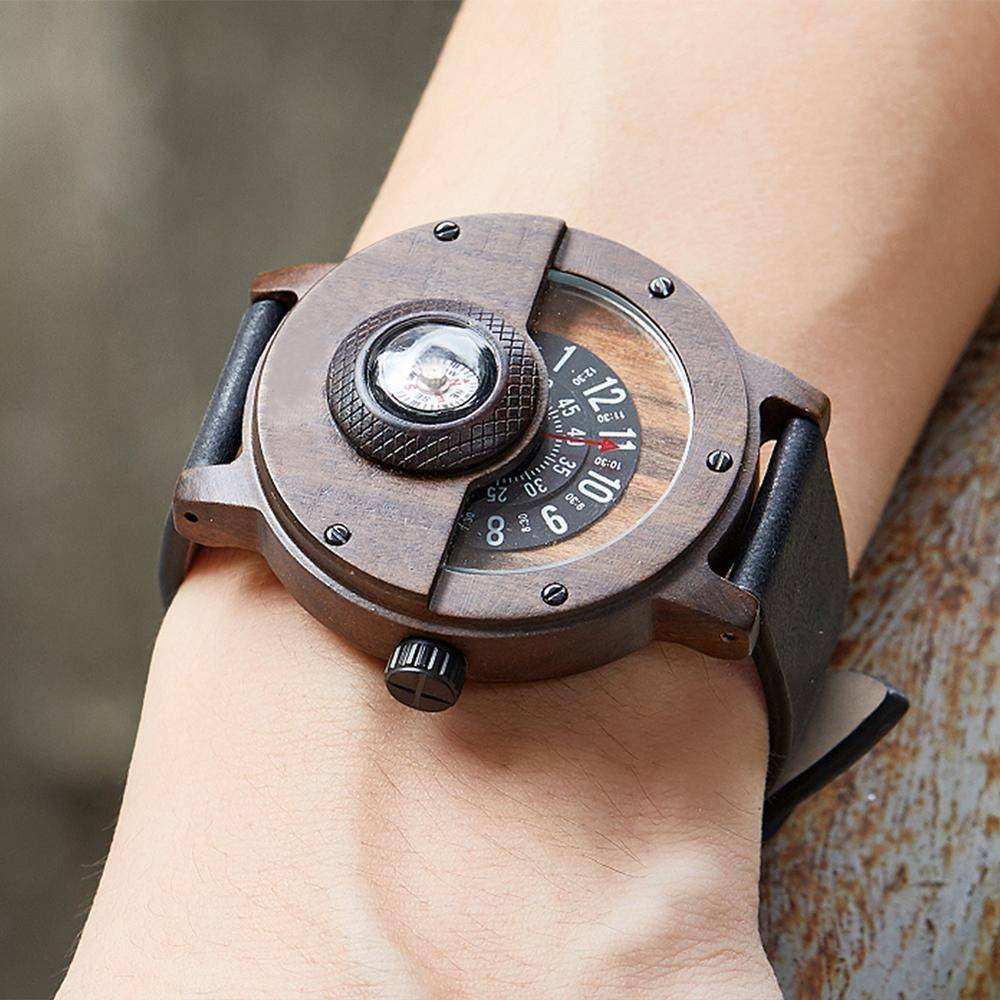 Orologio unico in legno con bussola e quadrante girevole