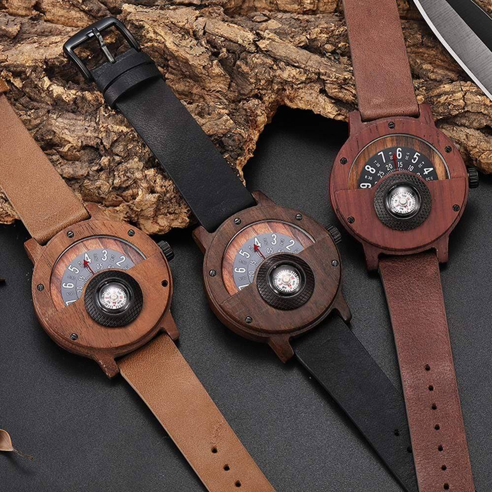 Orologio unico in legno con bussola e quadrante girevole