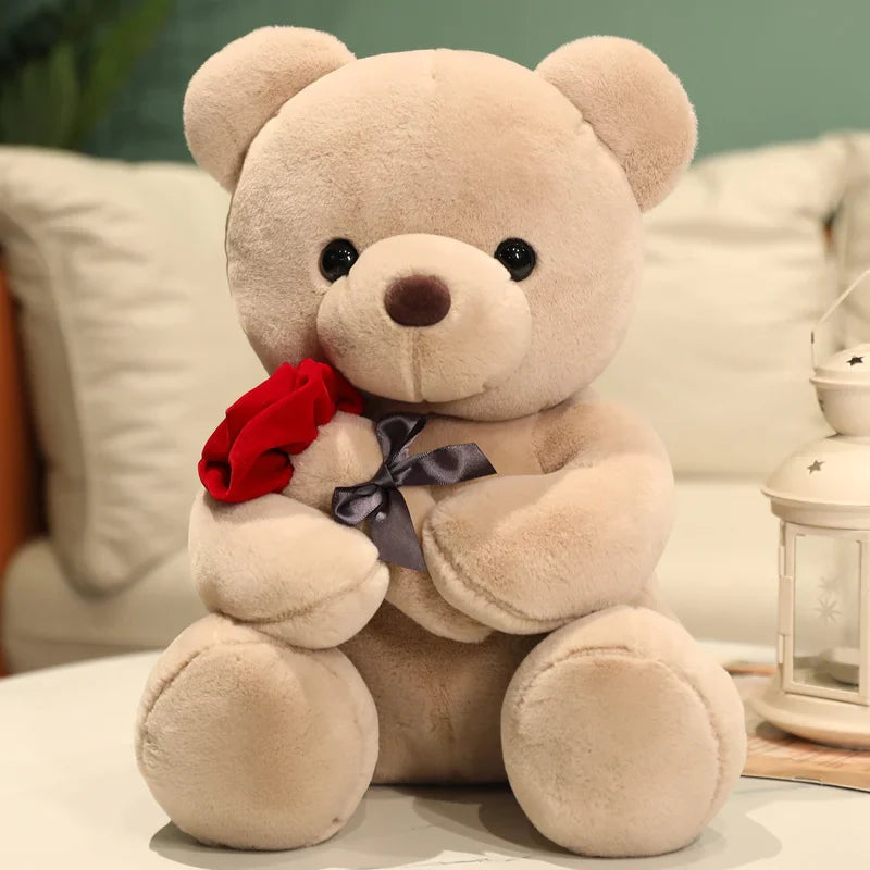 Orsetto di Peluche Kawaii con Rosa – Simpatico Regalo per San Valentino, Morbido Orsetto in Peluche, Ideale per Decorazione