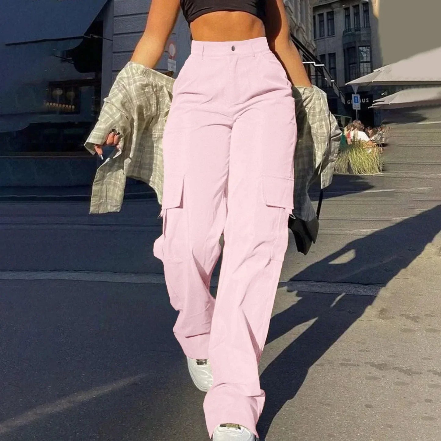 Pantaloni cargo da donna a vita alta con vestibilità morbida – Tessuto strutturato morbido