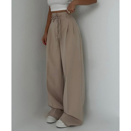 Pantaloni da donna a vita alta con pieghe e gamba larga