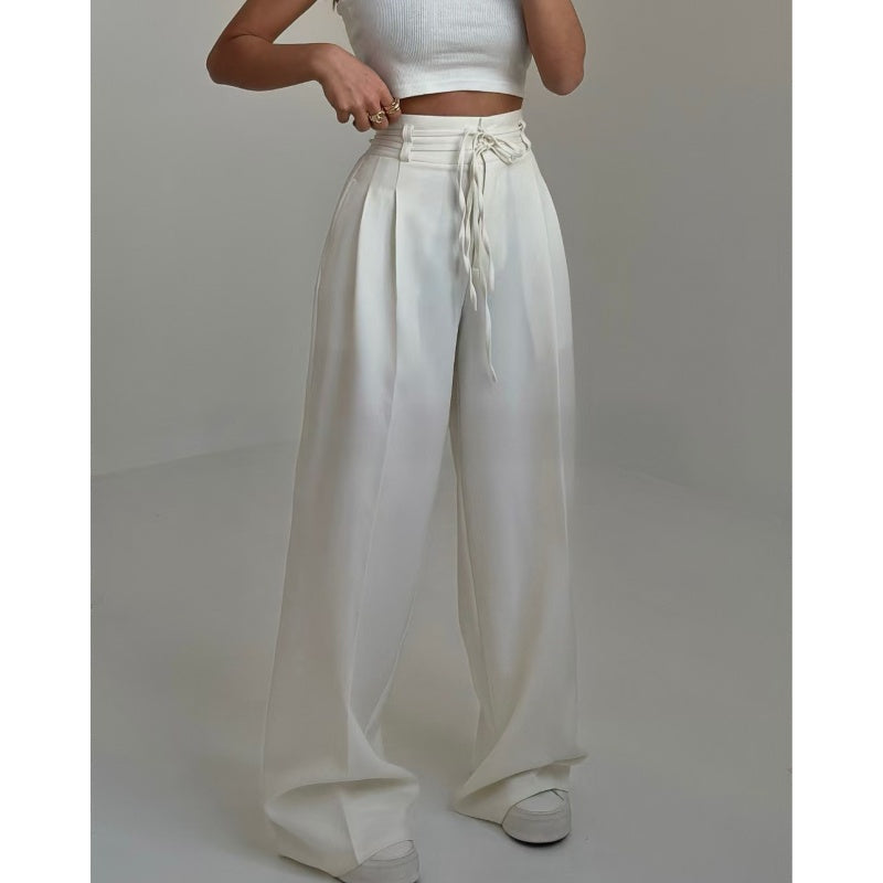 Pantaloni da donna a vita alta con pieghe e gamba larga