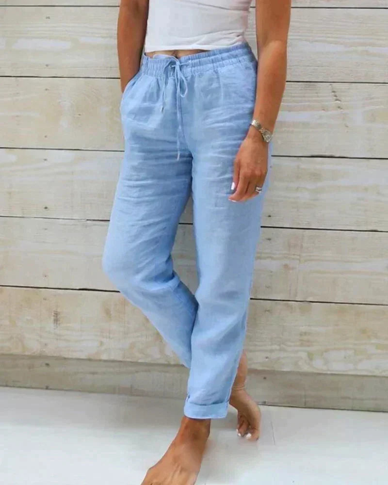 Pantaloni da donna in lino a vestibilità morbida con coulisse