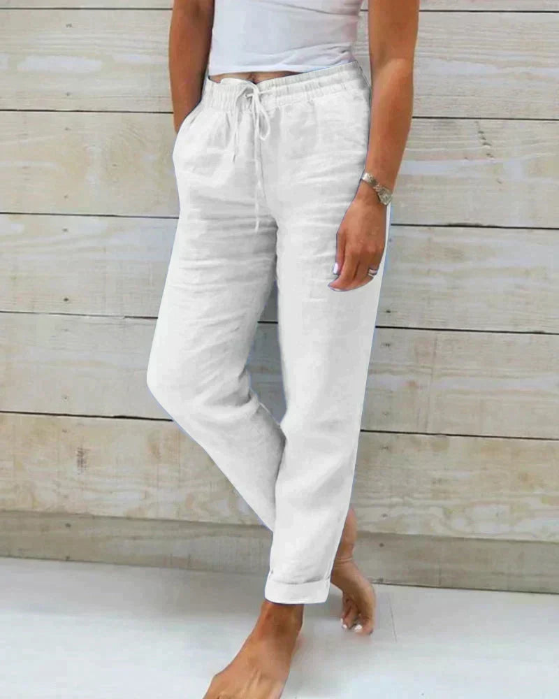 Pantaloni da donna in lino a vestibilità morbida con coulisse