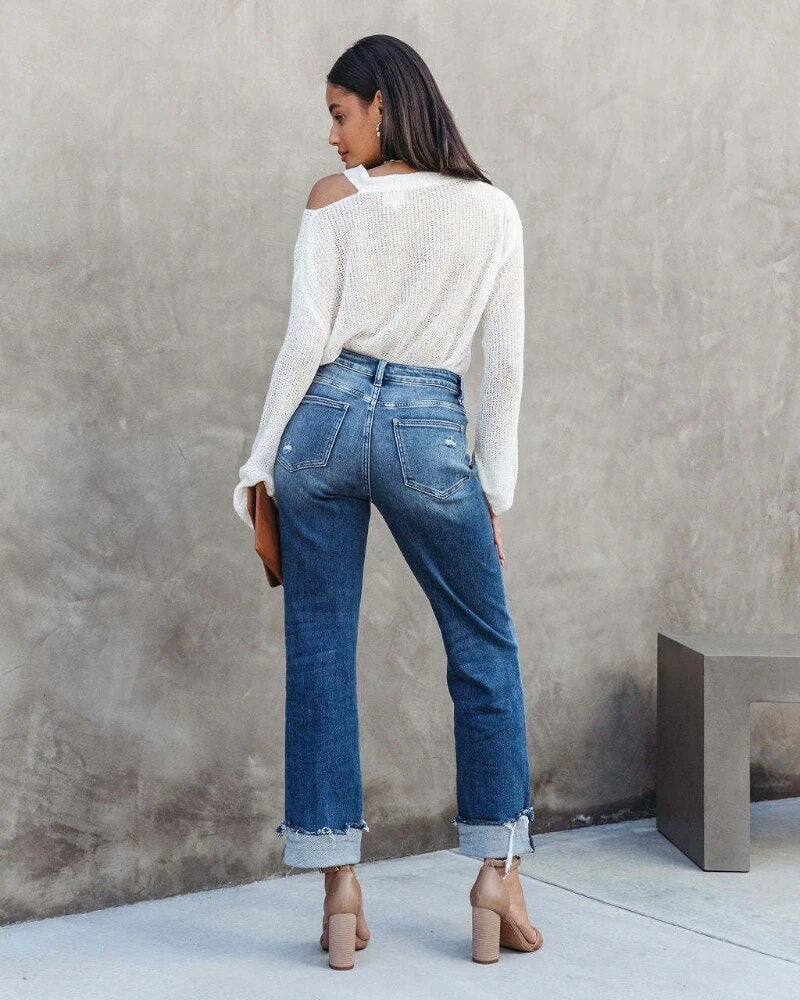 Pantaloni Jeans da Donna a Gamba Dritta con Effetto Usurato