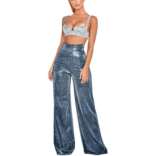 Pantaloni scintillanti da donna a vita alta con dettagli di paillettes