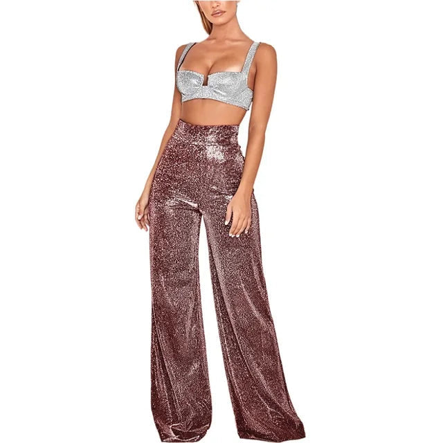 Pantaloni scintillanti da donna a vita alta con dettagli di paillettes