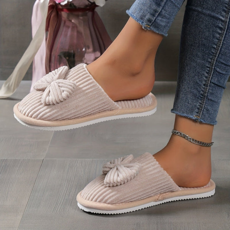 Pantofole da casa slip-on da donna modello ballerina con punta tonda e fiocco