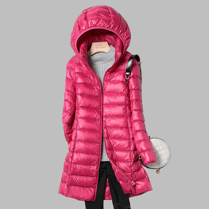 Piumino lungo da donna con cappuccio rimovibile