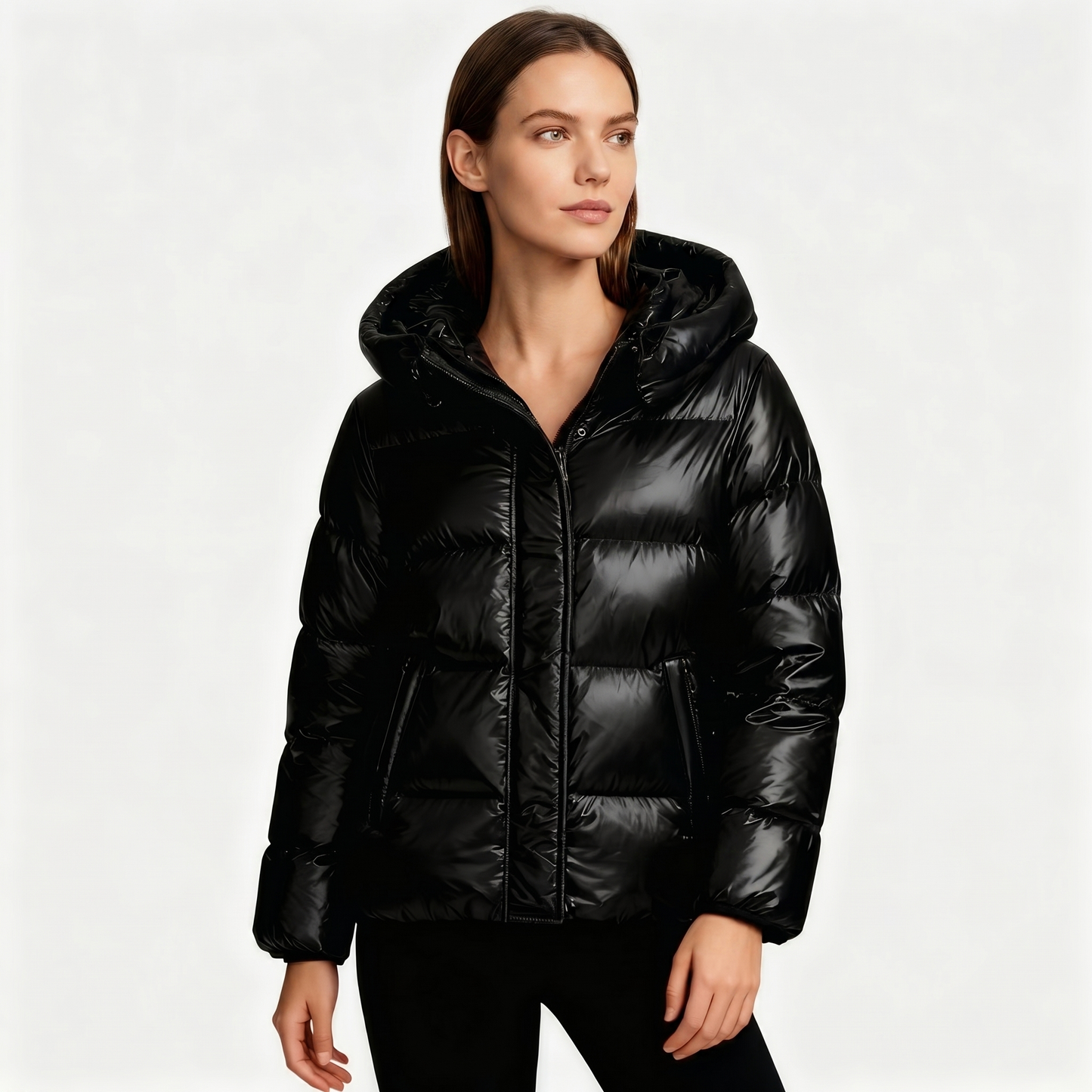 Piumino Trapuntato Lucido da Donna | Cappotto Corto con Cappuccio | Vestibilità Oversize
