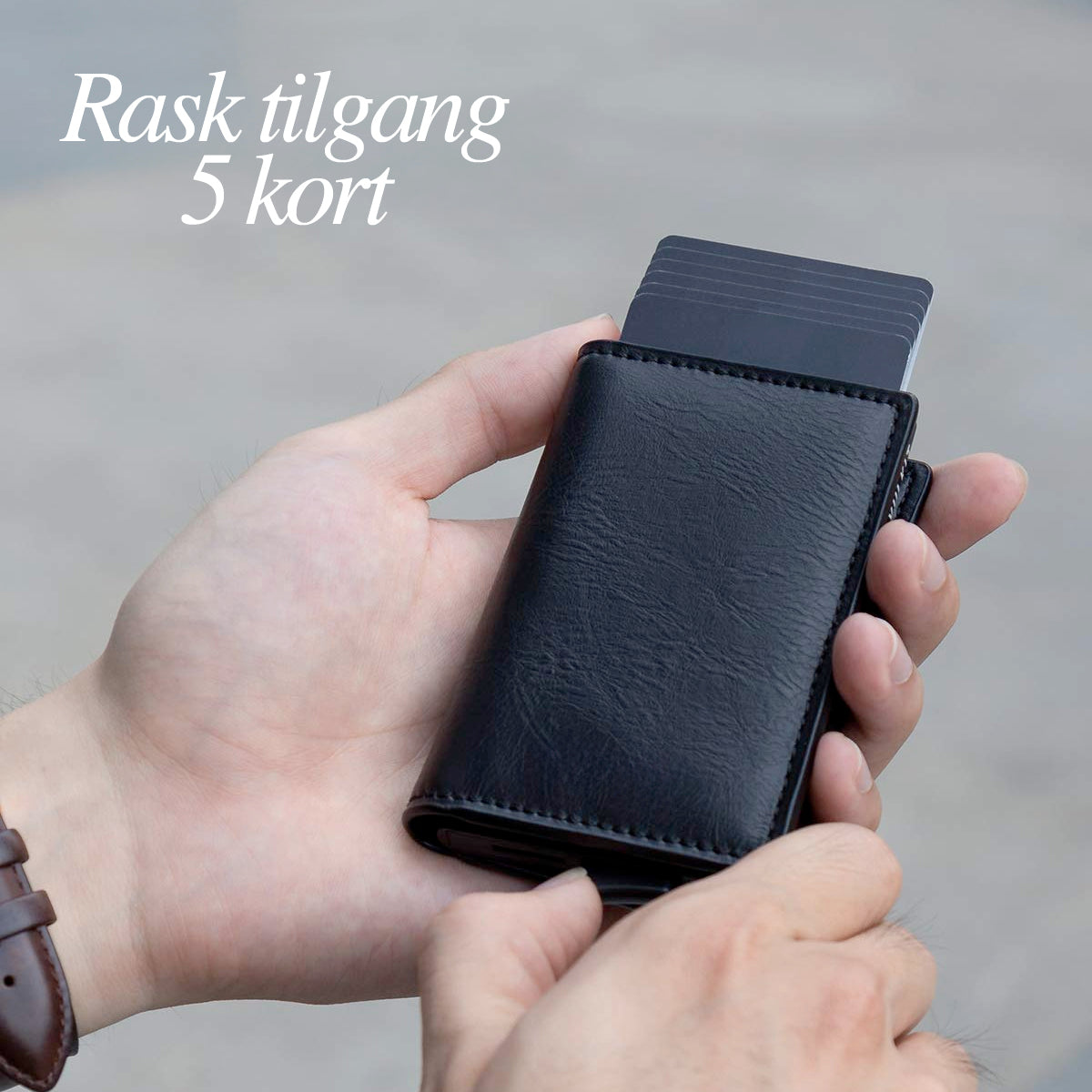 Portafoglio in pelle con protezione RFID e doppio porta carte pop-up in alluminio
