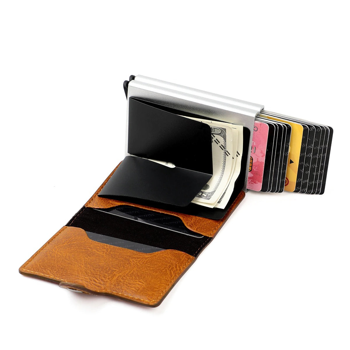 Portafoglio in pelle con protezione RFID e doppio porta carte pop-up in alluminio