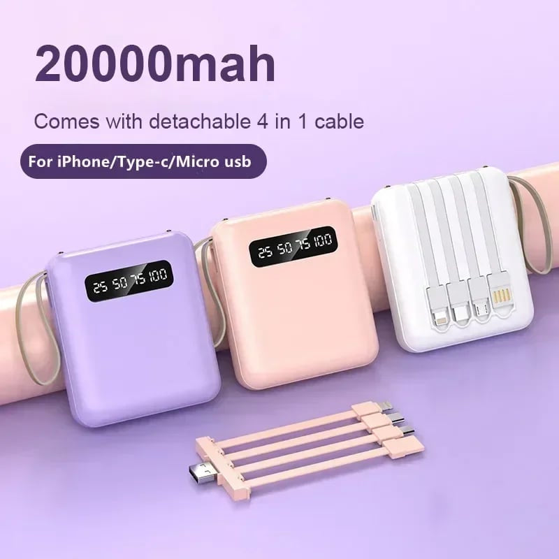 Power Bank 4-in-1 - Ricarica Rapida USB-C - 10000 e 20000 mAh - Nero, Bianco e Viola