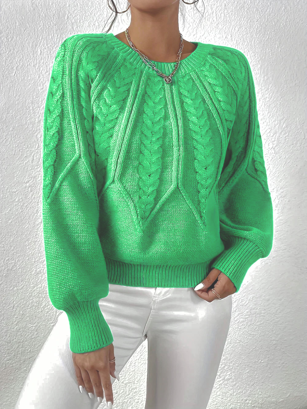 Pullover da Donna in Maglia a Trecce con Maniche Raglan