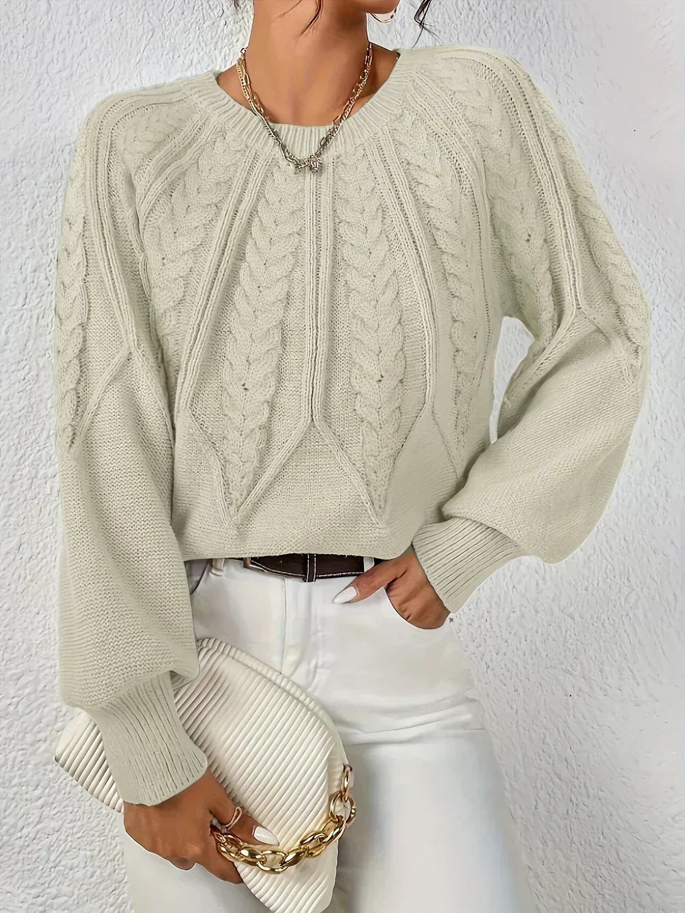 Pullover da Donna in Maglia a Trecce con Maniche Raglan