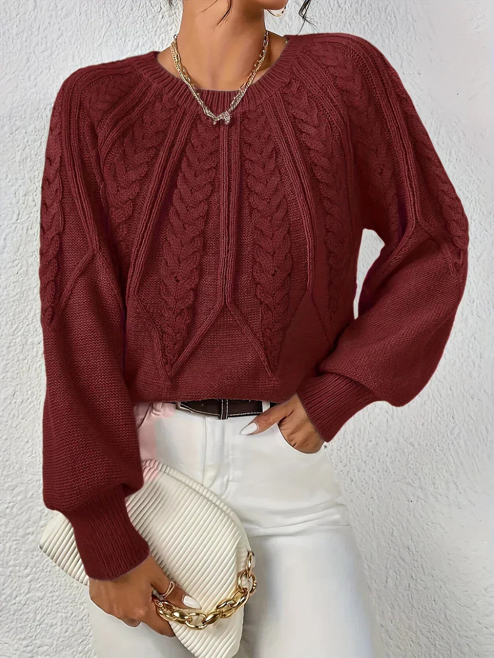 Pullover da Donna in Maglia a Trecce con Maniche Raglan