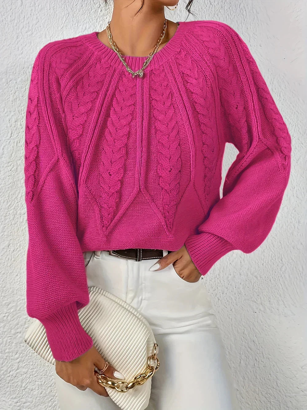 Pullover da Donna in Maglia a Trecce con Maniche Raglan