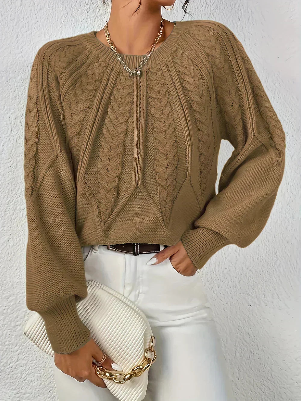 Pullover da Donna in Maglia a Trecce con Maniche Raglan