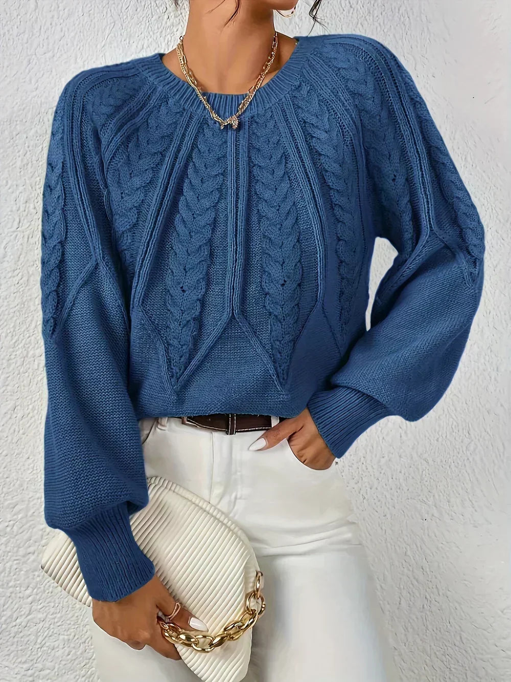 Pullover da Donna in Maglia a Trecce con Maniche Raglan