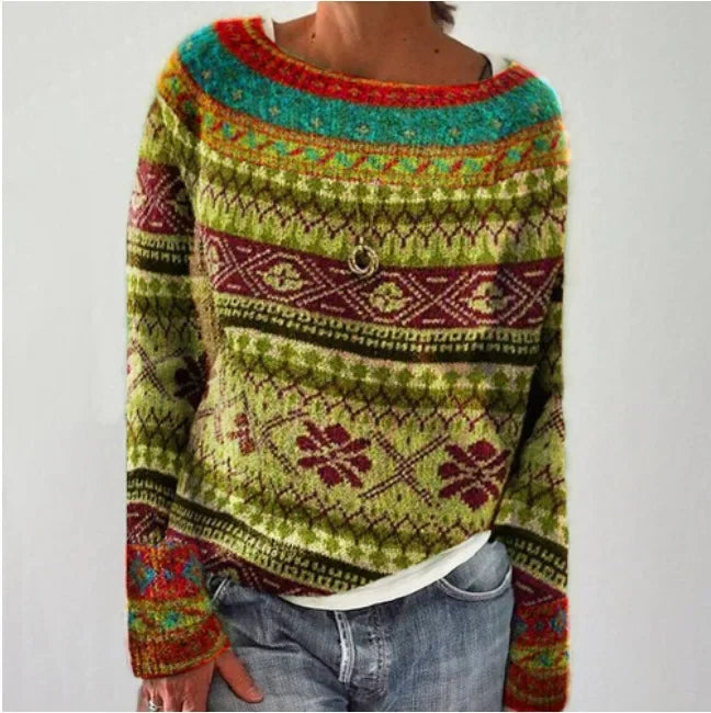 Pullover da Donna in Maglia Girocollo con Motivo Fair Isle