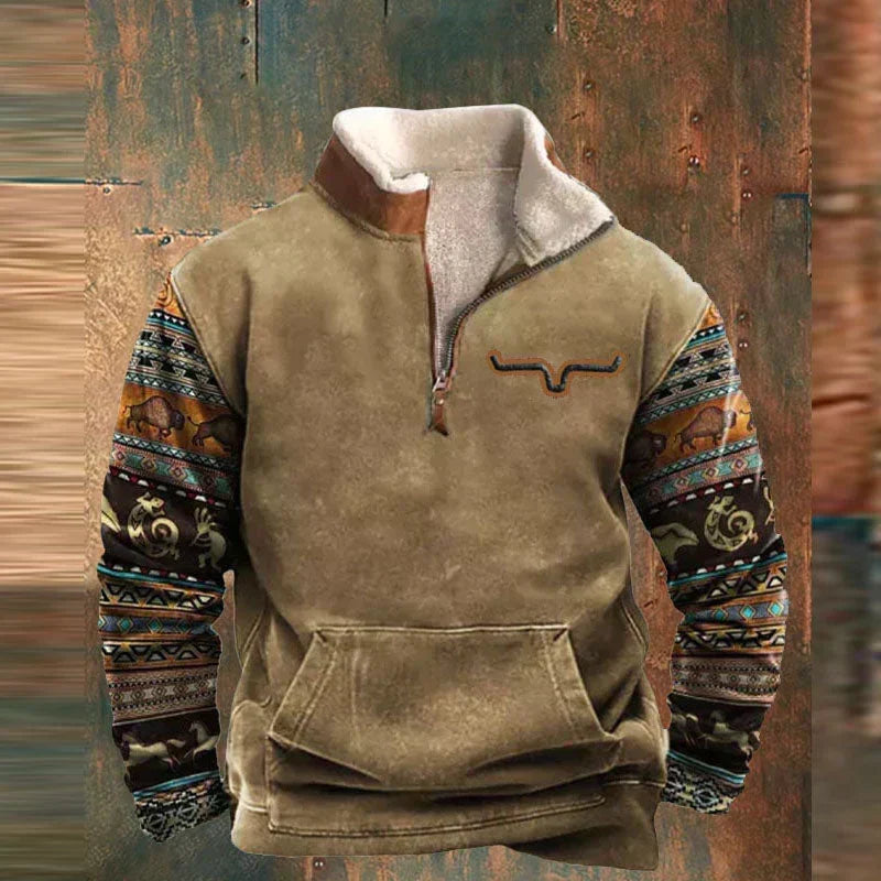 Pullover da uomo in pile stile western con zip a un quarto