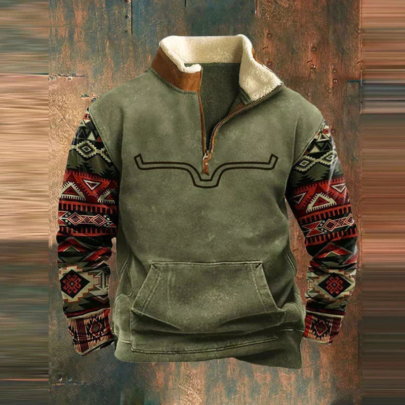 Pullover da uomo in pile stile western con zip a un quarto