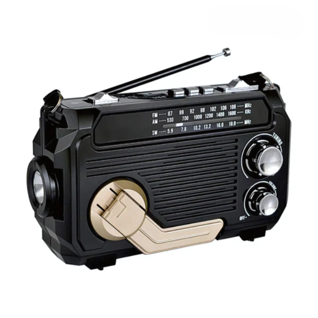 Radio d'emergenza con powerbank integrato – manovella, ricarica solare e USB, AM/FM, torcia a LED e allarme SOS