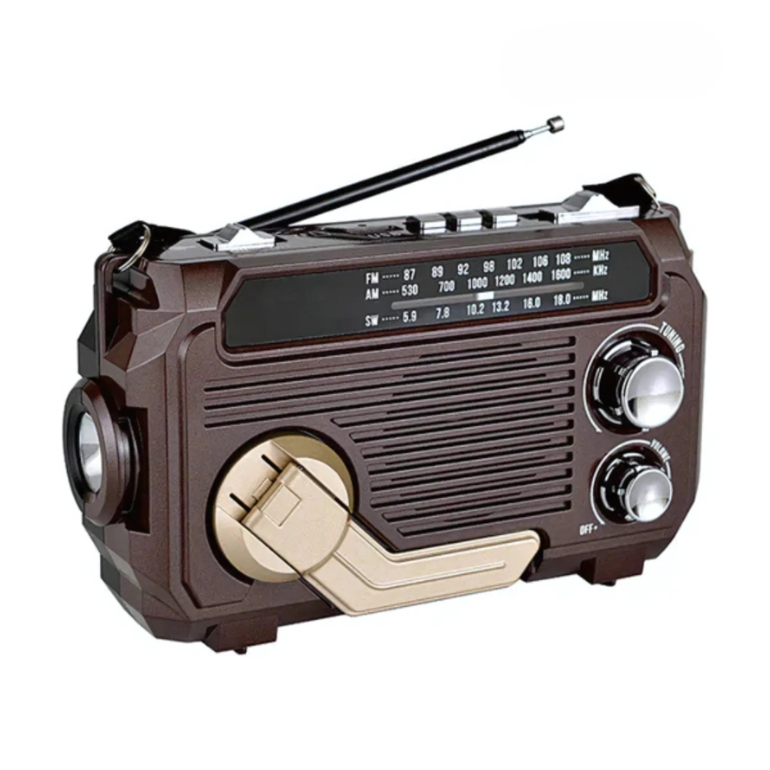 Radio d'emergenza con powerbank integrato – manovella, ricarica solare e USB, AM/FM, torcia a LED e allarme SOS